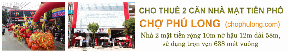 Cho thuê 2 căn nhà mặt tiền phố chợ Phú Long rộng 10m dài 58m giá siêu rẻ 6triệu9/tháng